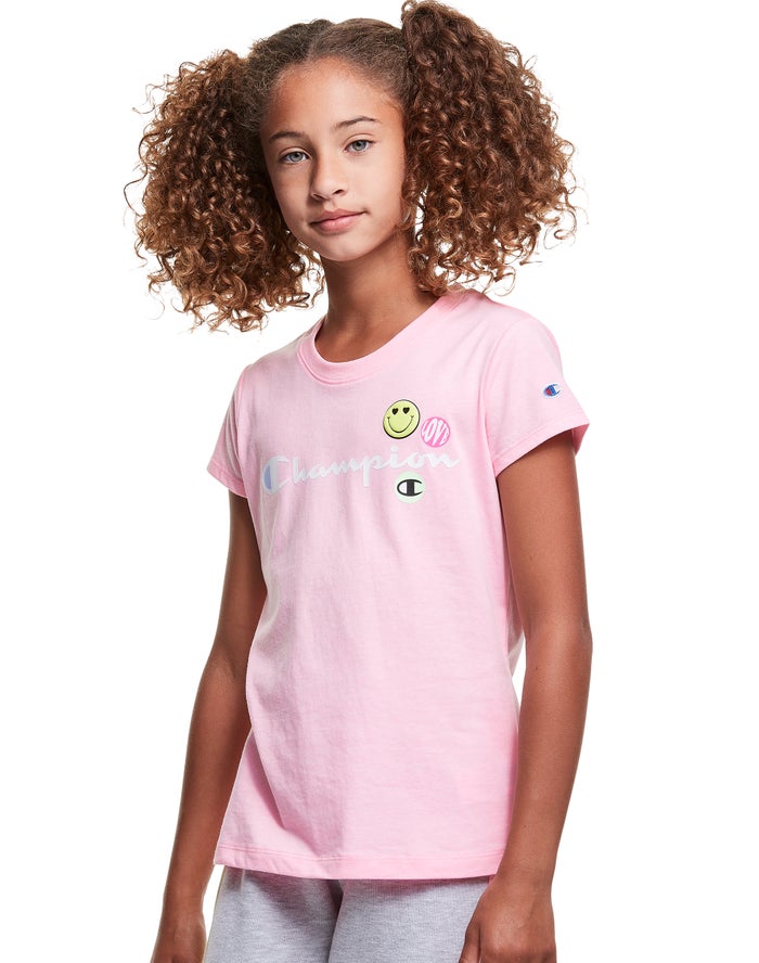 Champion Girls T-Shirt NZ - Classic Smiley Face Pink ( 6394-QMAND )